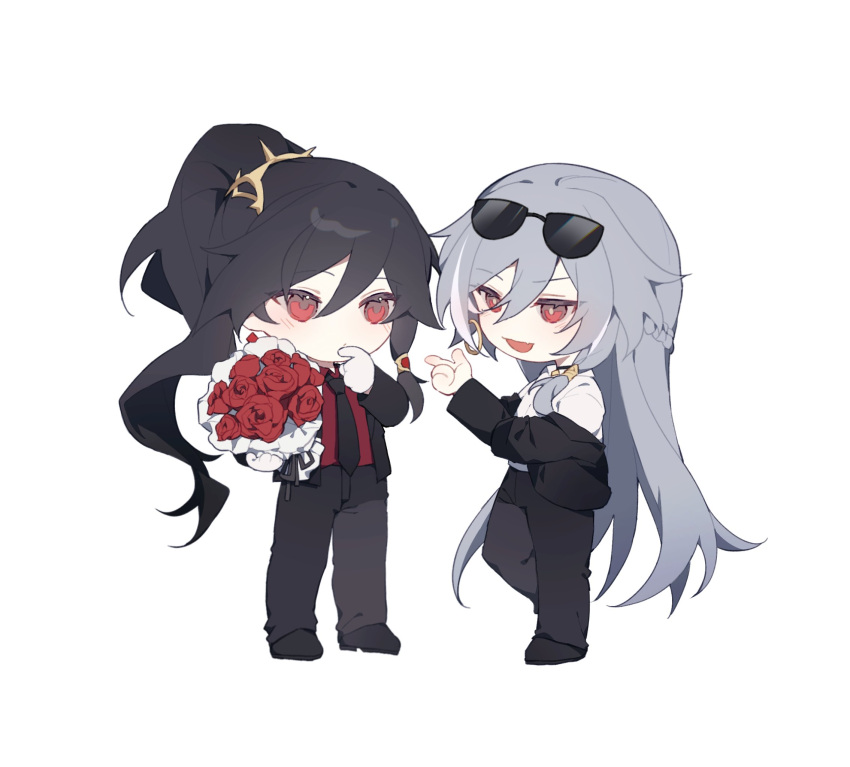 2girls :d black_footwear black_hair black_jacket black_necktie black_pants bouquet braid character_request collared_shirt commentary_request earrings eyewear_on_head flower fu_hua grey_hair hair_between_eyes haruka_(rsyaooooo) highres holding holding_bouquet honkai_(series) honkai_impact_3rd hoop_earrings jacket jewelry multicolored_hair multiple_girls necktie off_shoulder open_clothes open_jacket pants ponytail red_flower red_rose red_shirt rose shirt shoes simple_background smile standing standing_on_one_leg streaked_hair sunglasses white_background white_hair white_shirt