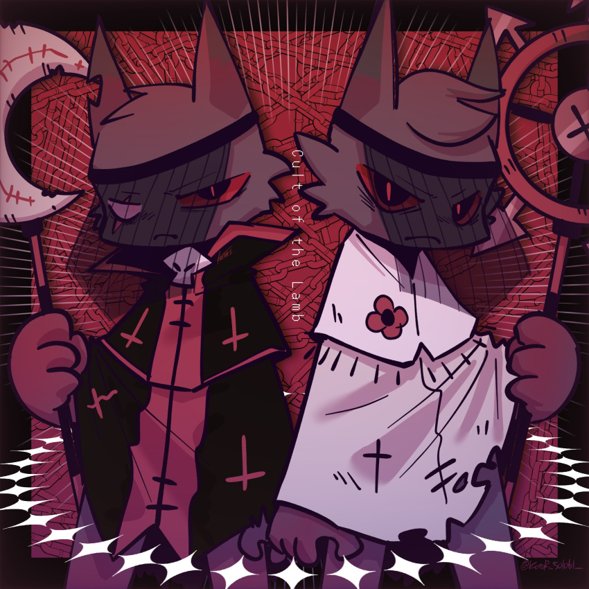 anthro aym_(cult_of_the_lamb) baal_(cult_of_the_lamb) clothed clothing cult_of_the_lamb domestic_cat duo english_text felid feline felis fluffy hi_res holding_object holding_weapon looking_at_viewer male mammal massive_monster_(studio) red_eyes scar staff standing text unknown_artist veil weapon
