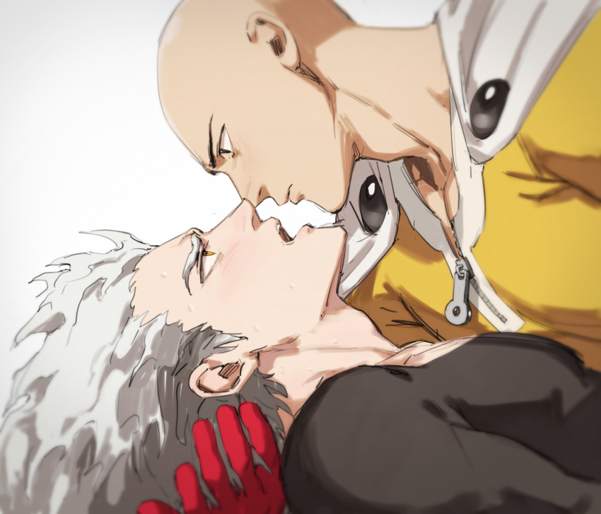 2boys absurdres bald blush cape collarbone dudlesnoodles eye_contact eyebrows garou_(one-punch_man) gloves grabbing grabbing_another's_hair grey_hair highres looking_at_another male_focus multiple_boys muscular muscular_male one-punch_man open_mouth pectorals pointy_hair profile red_gloves saitama_(one-punch_man) sideways skin_tight superhero sweatdrop symbol-only_commentary yaoi yellow_eyes