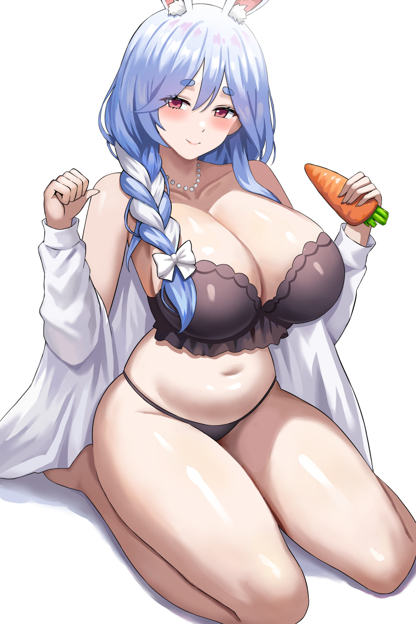 1girl absurdres animal_ear_fluff animal_ears bare_shoulders black_bra black_panties blue_hair blush bra braid braided_ponytail breasts carrot cleavage collarbone highres hololive huge_breasts jasony light_blue_hair long_hair long_sleeves looking_at_viewer mature_female multicolored_hair navel off_shoulder panties pekomama rabbit_ears rabbit_girl red_eyes shirt short_eyebrows sitting smile solo streaked_hair symbol-shaped_pupils thick_eyebrows thighs underwear virtual_youtuber wariza white_hair white_shirt