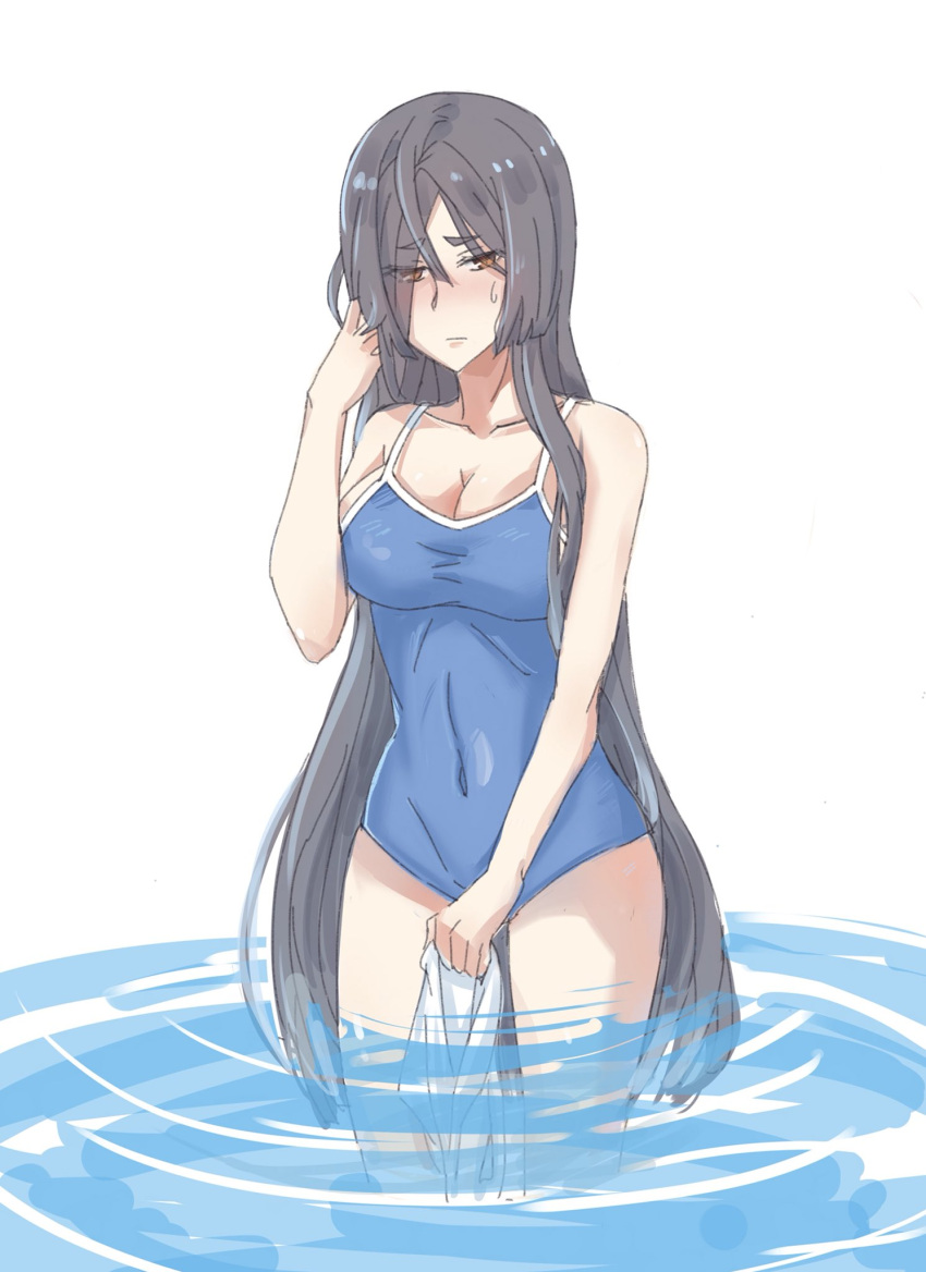 1girl auo123 bare_shoulders black_hair blue_swimsuit blush breasts cleavage closed_mouth covered_navel eyebrows_visible_through_hair eyes_visible_through_hair highres holding long_hair origami_yukari ripples simple_background sketch solo standing sweat swimsuit toji_no_miko very_long_hair water white_background