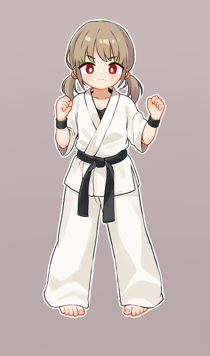 1girl barefoot belt black_belt black_wristband brown_hair chinese_commentary clenched_hand closed_mouth collarbone commentary_request dougi full_body grey_background highres karate kuma-bound low_twintails martial_arts_belt medium_hair original pants red_eyes solo standing toes twintails v-shaped_eyebrows white_pants