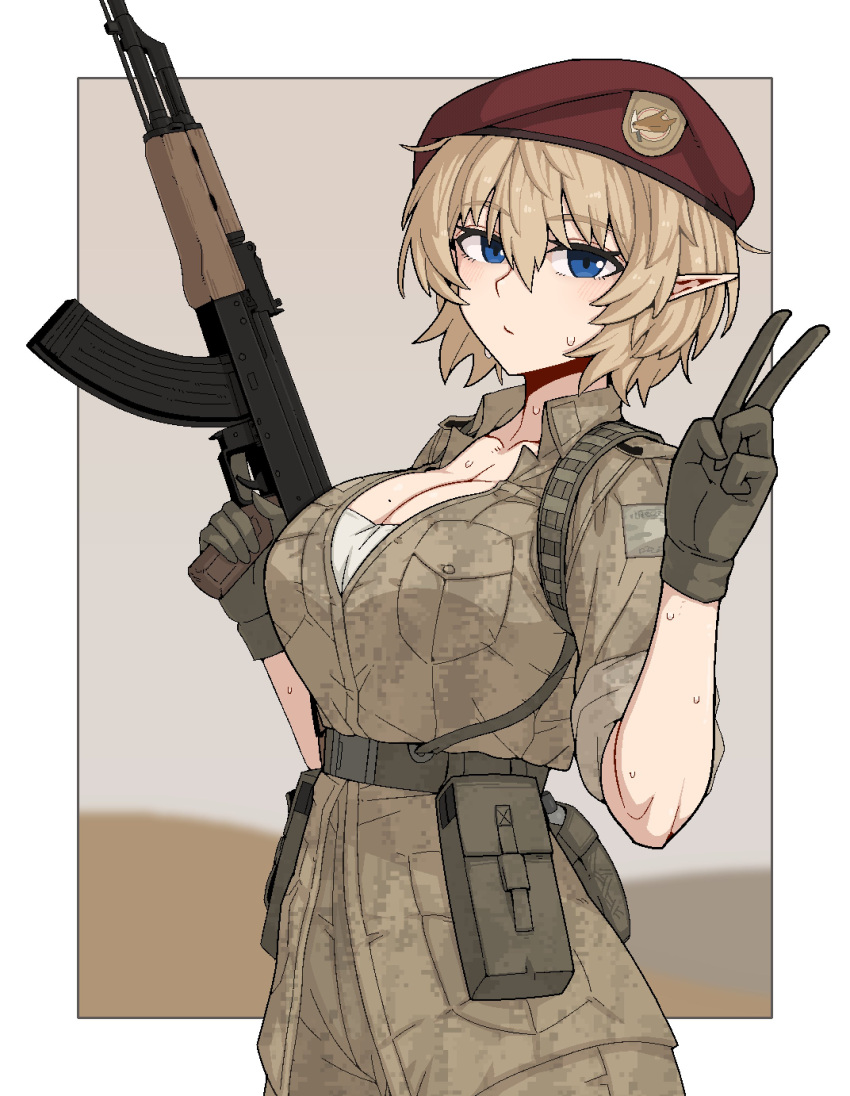 1girl absurdres akm assault_rifle beret blonde_hair blue_eyes blurry blurry_background breast_pocket breasts brown_gloves camouflage camouflage_pants camouflage_shirt cleavage elf expressionless eyebrows_hidden_by_hair formicid gloves gun hand_up hat highres inset_border kalashnikov_rifle looking_at_viewer military_uniform original pants pocket pointy_ears pouch rifle shirt short_hair sleeves_rolled_up solo sweat trigger_discipline uniform upper_body v weapon