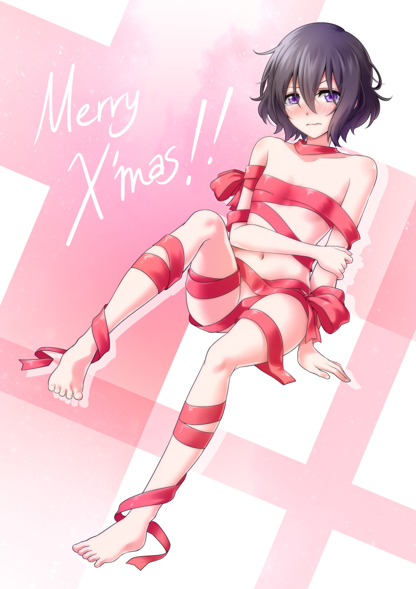 1girl absurdres barefoot bdsm black_hair breasts christmas closed_mouth feet highres levana_violette_(lusan666) lusan666 merry_christmas nude original purple_eyes red_ribbon ribbon small_breasts solo toes