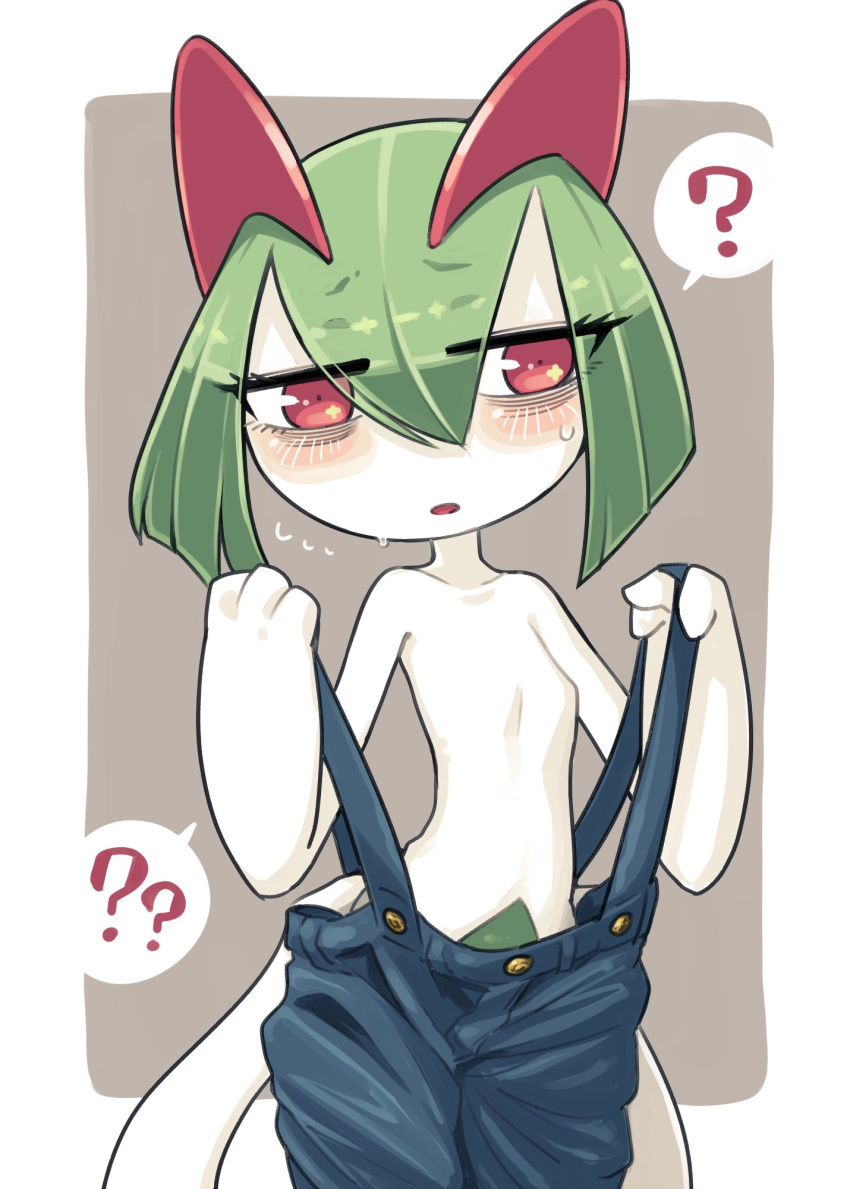 ? ?? bags_under_eyes blue_overalls clothed_pokemon colored_skin flying_sweatdrops green_hair grey_background hair_between_eyes highres ino_(tellu0120) kirlia multicolored_skin overalls parted_lips pink_eyes pokemon pokemon_(creature) sidelocks simple_background sweat two-tone_skin white_skin