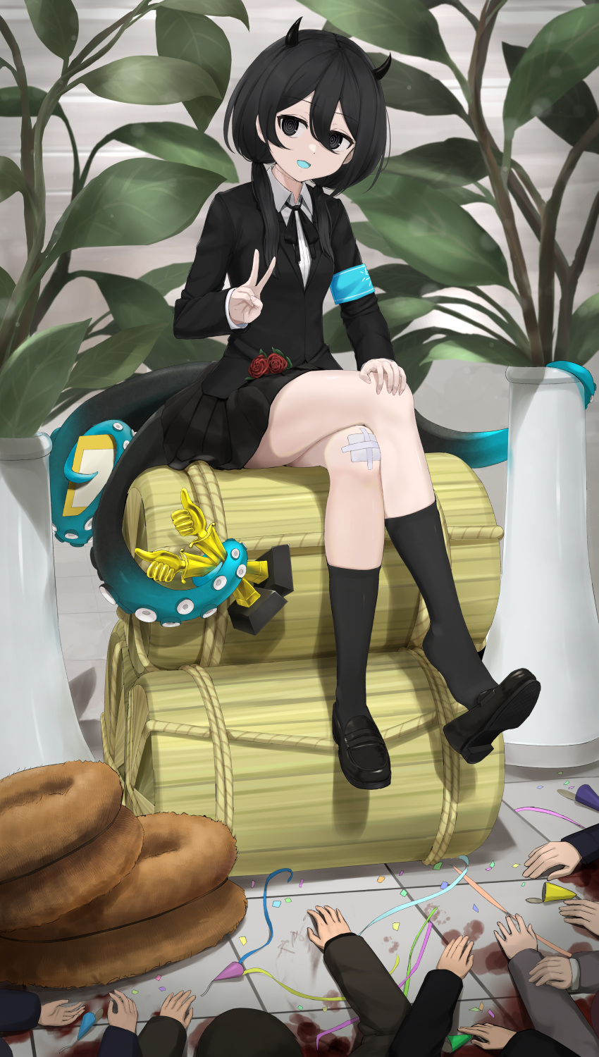 1girl 5boys absurdres armband black_eyes black_hair black_jacket black_ribbon black_skirt black_socks blazer blood blue_armband blue_tongue colored_tongue face_down full_body gauze_on_knee hair_over_shoulder hand_on_own_knee hand_up highres holding holding_trophy ichinose_rokujou indie_virtual_youtuber jacket kneehighs komedawara light_particles long_hair long_sleeves looking_at_viewer low_twintails miniskirt multiple_boys neck_ribbon on_floor open_mouth plant pleated_skirt pool_of_blood potted_plant ribbon ringed_eyes school_uniform shirt sitting sitting_on_object skirt smile socks solo_focus stitched_neck stitches tentacle_tail tentacles trophy twintails v virtual_youtuber white_shirt yamata_ia