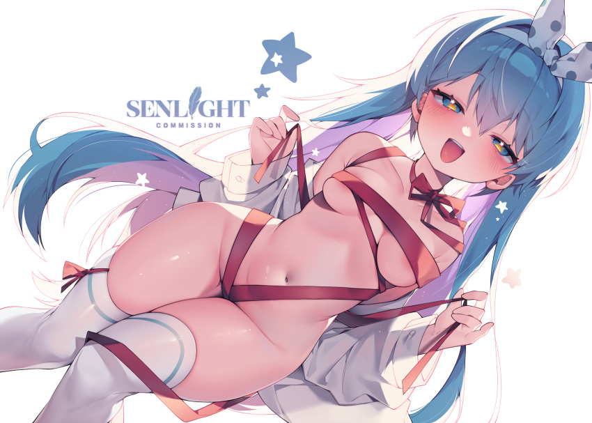 1girl blue_eyes blue_hair blush breasts commission dutch_angle hair_ribbon highres long_hair looking_at_viewer medium_breasts multicolored_hair naked_ribbon navel nude open_mouth original pink_hair polka_dot polka_dot_ribbon red_ribbon ribbon sen_light shirt simple_background smile solo thighhighs two-tone_hair very_long_hair white_background white_ribbon white_shirt