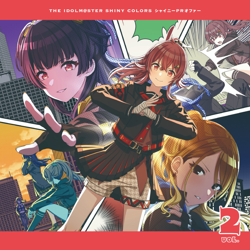 3girls absurdres ahoge album_cover bandaged_hand bandages black_eyes black_gloves black_hair blue_nails brown_eyes brown_hair collage commentary_request cover fingerless_gloves gloves highres hood hooded_jacket idolmaster idolmaster_shiny_colors izumi_mei jacket komiya_kaho long_hair looking_at_viewer mayuzumi_fuyuko multiple_girls official_art ponytail red_eyes red_hair shorts two_side_up