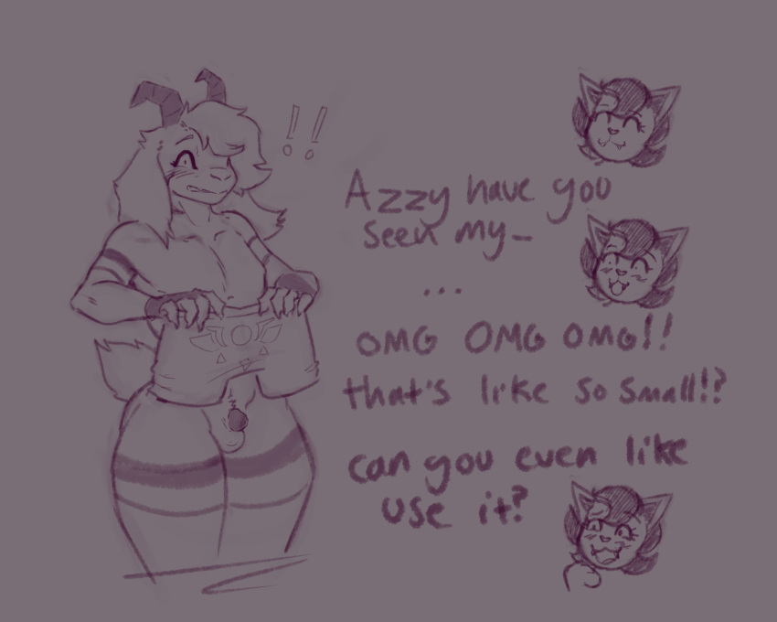 anthro arino asriel_dreemurr asriel_dreemurr_(god_form) blush boss_monster_(undertale) bovid caprine catty_(undertale) caught dialogue domestic_cat duo embarrassed felid feline felis female flaccid foreskin fur genitals goat hair hi_res humanoid_genitalia humanoid_penis humiliation male male/female mammal micropenis offscreen_character penis penis_humiliation small_penis small_penis_humiliation solo_focus undertale undertale_(series)