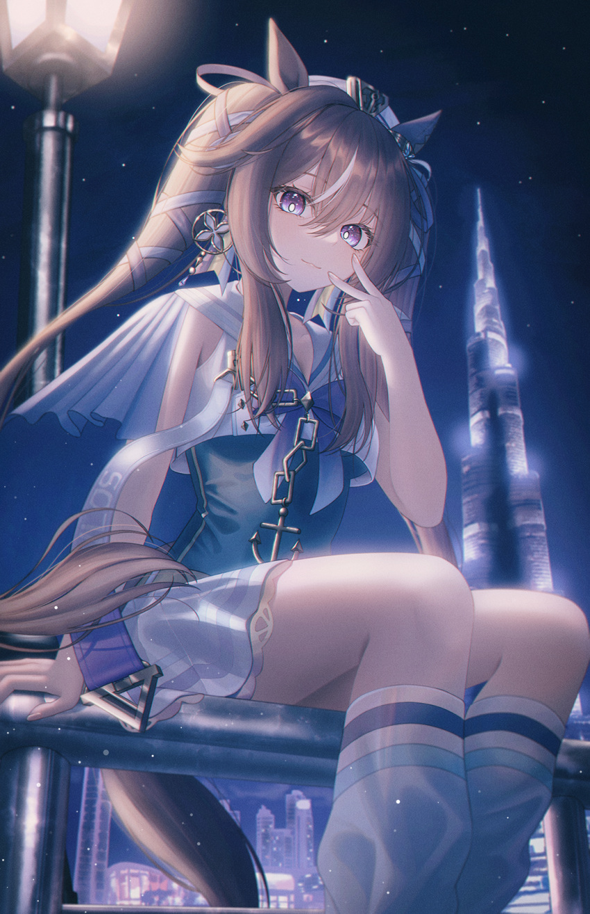 1girl :3 anchor_necklace animal_ears blue_ribbon blush breasts brown_hair burj_khalifa capelet character_name city cityscape dangle_earrings dubai ear_covers earrings hair_between_eyes hair_ribbon hand_on_railing hat highres horse_ears horse_girl horse_tail jewelry lamppost leotard long_hair looking_at_viewer loose_socks mole mole_under_eye multicolored_hair necklace night night_sky on_railing purple_eyes railing rang_c ribbon sailor_collar sailor_shirt shirt sidelocks single_ear_cover single_earring sitting skirt sky sleeveless sleeveless_shirt smile socks solo star_(sky) streaked_hair tail twintails umamusume v vivlos_(umamusume)