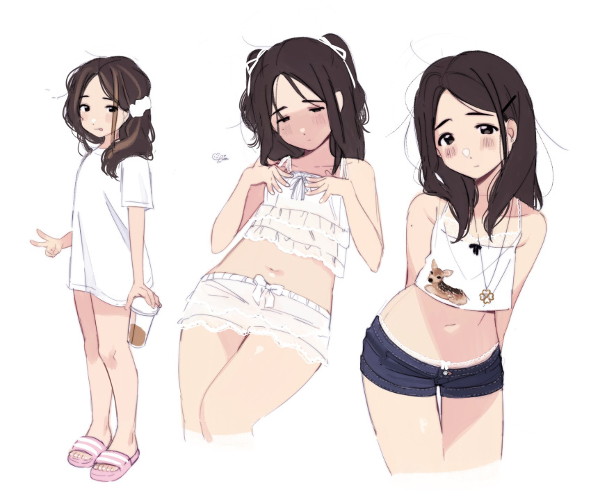 1girl :p arms_behind_back black_eyes blush brown_eyes brown_hair camisole cup denim denim_shorts hair_ornament hair_ribbon hair_scrunchie hairclip half-closed_eyes highres holding holding_cup jewelry lisa_(faeuna) long_hair midriff mole mole_on_arm mole_under_eye multiple_views necklace original ribbon sandals scrunchie shirt short_shorts short_sleeves shorts simple_background standing tongue tongue_out two_side_up v white_background white_camisole white_ribbon white_shirt white_shorts