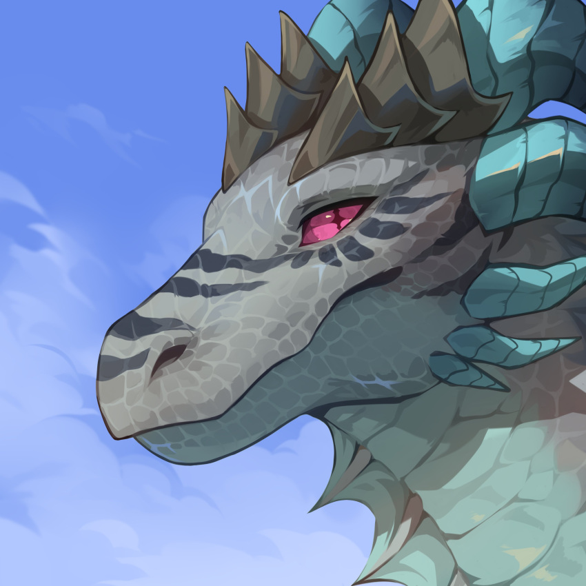 1:1 absurd_res ambiguous_gender blue_body blue_horn blue_scales blue_sky cheek_spikes cloud corzh77 dragon facial_spikes glistening glistening_eyes grey_body grey_scales hi_res horn looking_at_viewer mouth_closed mythological_creature mythological_scalie mythology pink_eyes pink_sclera ridged_horn scales scalie sky solo spikes spikes_(anatomy)