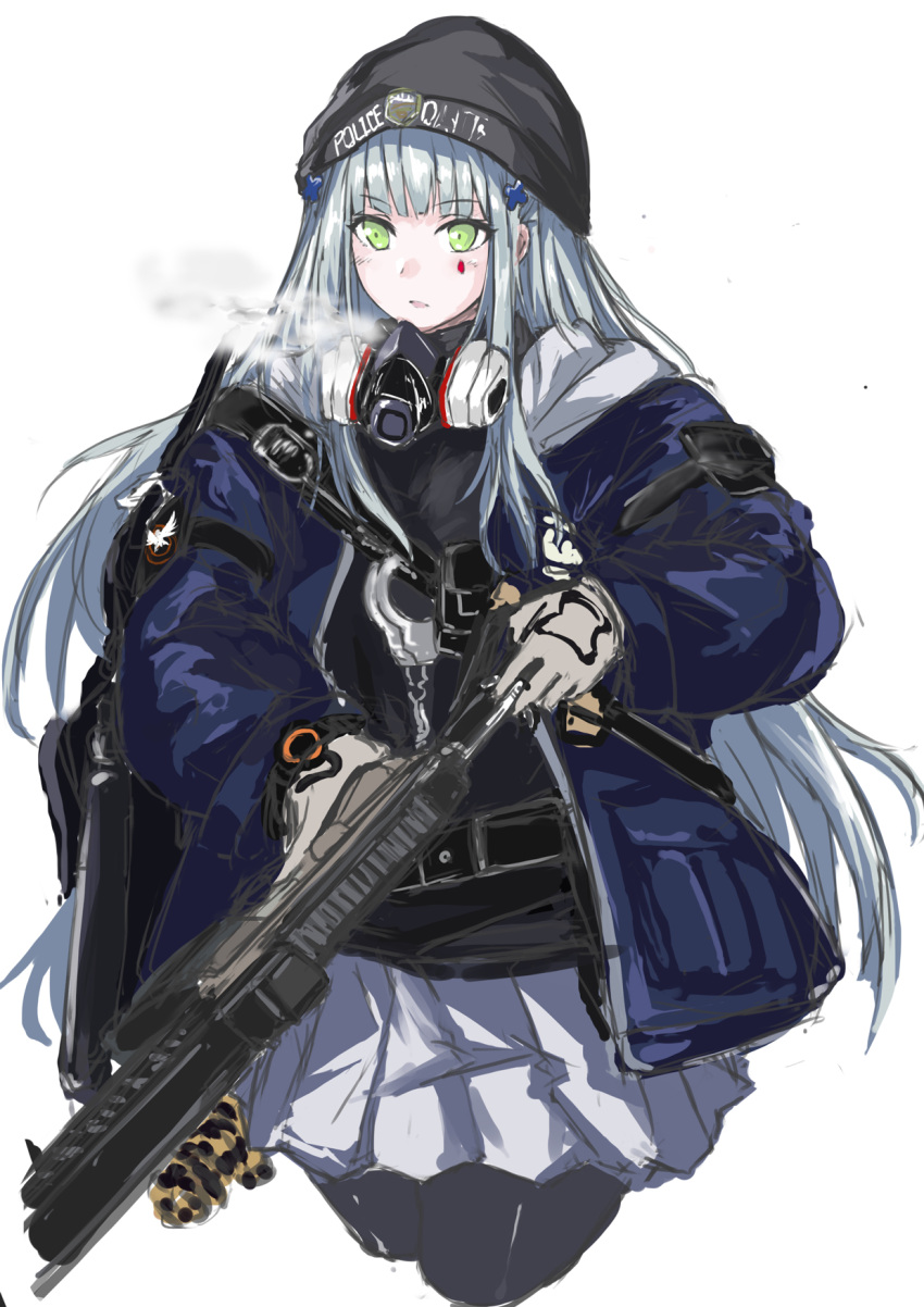1girl agent_416_(girls'_frontline) assault_rifle bangs beanie black_headwear blue_jacket breath commentary_request cowboy_shot cuffs facial_mark girls'_frontline gloves green_eyes gun h&amp;k_hk416 hair_ornament handcuffs hat highres hk416_(girls'_frontline) holding holding_gun holding_weapon hood hood_down hooded_jacket jacket long_hair marche_mk14 mask mask_around_neck official_alternate_costume open_clothes open_jacket p416 pantyhose pleated_skirt respirator rifle silver_hair skirt solo tom_clancy's_the_division very_long_hair weapon white_background white_skirt