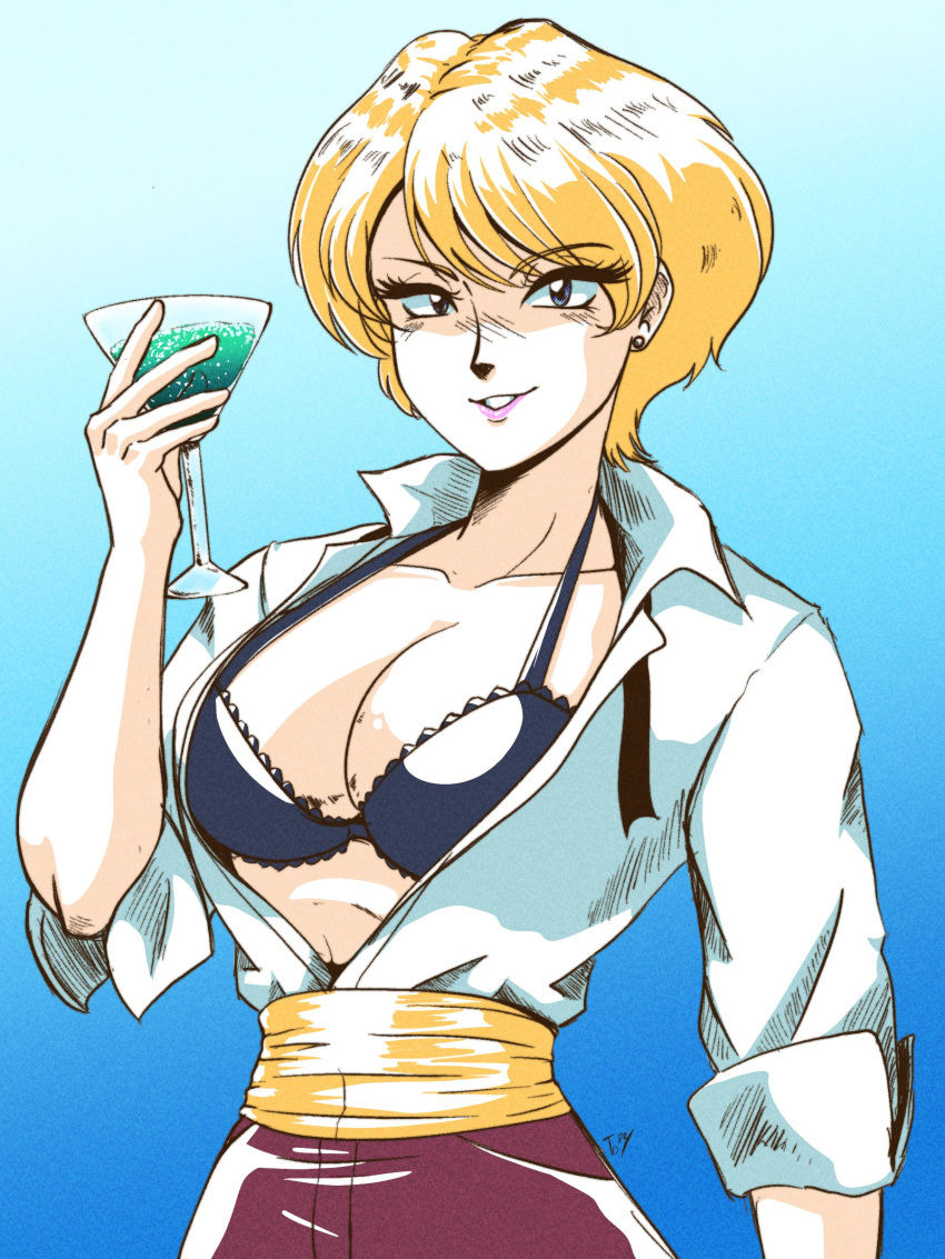 1girl absurdres black_bra blonde_hair blue_eyes bow bowtie bra breasts earrings highres jewelry king_(snk) large_breasts lips open_clothes open_shirt red_skirt ryuuko_no_ken short_hair skirt smile stud_earrings tedbob84 the_king_of_fighters underwear undone_bowtie