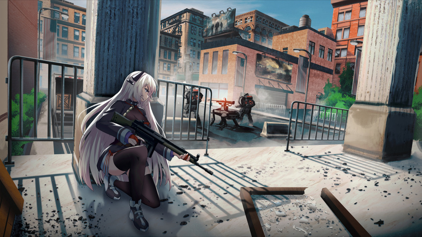 1girl battle_rifle black_dress black_legwear breasts building cityscape day dress g3_(girls'_frontline) girls'_frontline gloves gun h&amp;k_g3 highres holding holding_gun holding_weapon long_hair long_sleeves medium_breasts mod3_(girls'_frontline) one_knee outdoors partially_fingerless_gloves persocon93 pillar railing red_gloves rifle solo_focus thighhighs tom_clancy's_the_division very_long_hair weapon white_hair