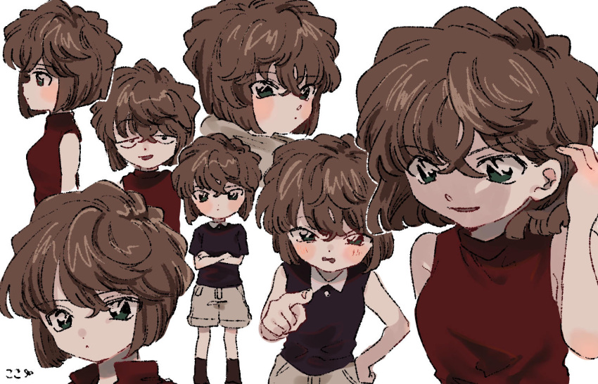 1girl bare_arms bare_shoulders black_shirt blush bob_cut brown_hair child collared_shirt crossed_arms flustered green_eyes grey_shorts haibara_ai hand_on_own_hip hand_up jitome looking_ahead looking_at_viewer looking_to_the_side meitantei_conan multiple_views profile red_shirt shirt short_hair shorts simple_background sleeveless sleeveless_shirt smile smug standing tucking_hair usa_(pixiv53103227) white_background