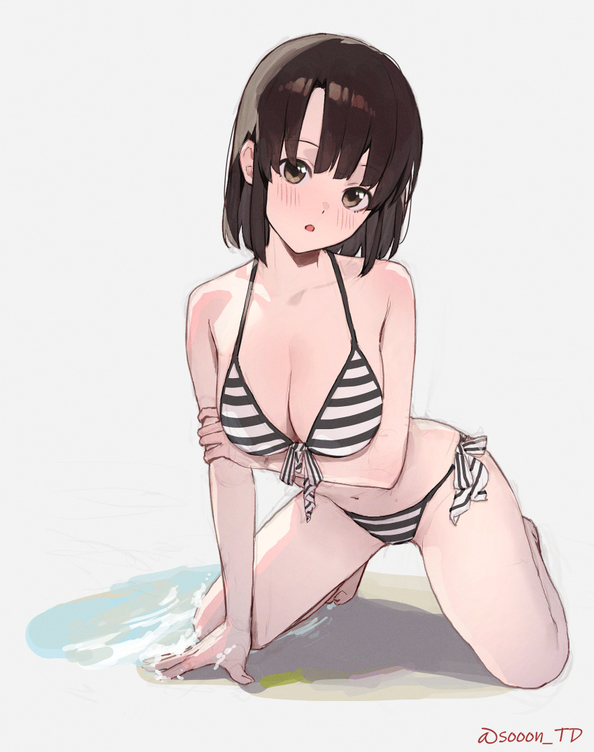 1girl absurdres all_fours arm_under_breasts bikini black_bikini breasts brown_eyes brown_hair cleavage commentary grey_background highres katou_megumi looking_at_viewer medium_breasts navel open_mouth saenai_heroine_no_sodatekata short_hair side-tie_bikini_bottom solo sooon striped_bikini striped_clothes swimsuit twitter_username water white_bikini