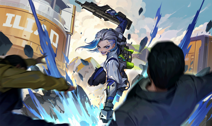 1girl 2boys black_jacket black_pants black_vest blue_eyes blue_eyeshadow blue_gloves blue_hair blue_jacket cang_lang_yeshou colored_tips explosion eyeshadow falling floating_hair gloves grey_hair ground_shatter gun hela_(high_energy_heroes) high_energy_heroes highres holding holding_gun holding_weapon jacket makeup motion_blur multicolored_hair multiple_boys pants punching shirt short_hair smile smoke solo_focus undercut v-shaped_eyebrows vest weapon white_jacket yellow_shirt