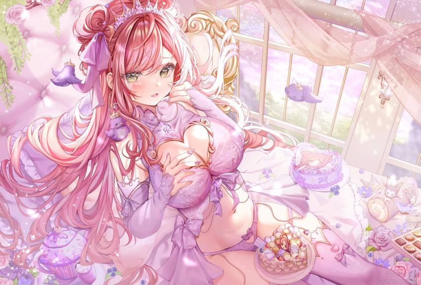 1girl animal_on_shoulder bird bow bow_panties breasts cake cleavage_cutout clothing_cutout commission flower food gem green_eyes hair_ribbon heart-shaped_cake heart_cutout highres indie_virtual_youtuber isari_sensei large_breasts long_hair nail_polish navel panties pillow pink_flower pink_hair pink_rose purple_bow purple_flower purple_gemstone purple_nails purple_panties purple_ribbon purple_rose purple_thighhighs ribbon rose solo sugar_cube teapot thighhighs tiara underwear virtual_youtuber window yumprincess