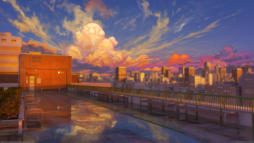arsenixc artist_name bench bird building bush city cityscape cloud collaboration commentary cumulonimbus_cloud dark highres love_money_rock'n'roll no_humans original outdoors puddle railing reflection rooftop scenery sky sunset trash_can vvcephei water
