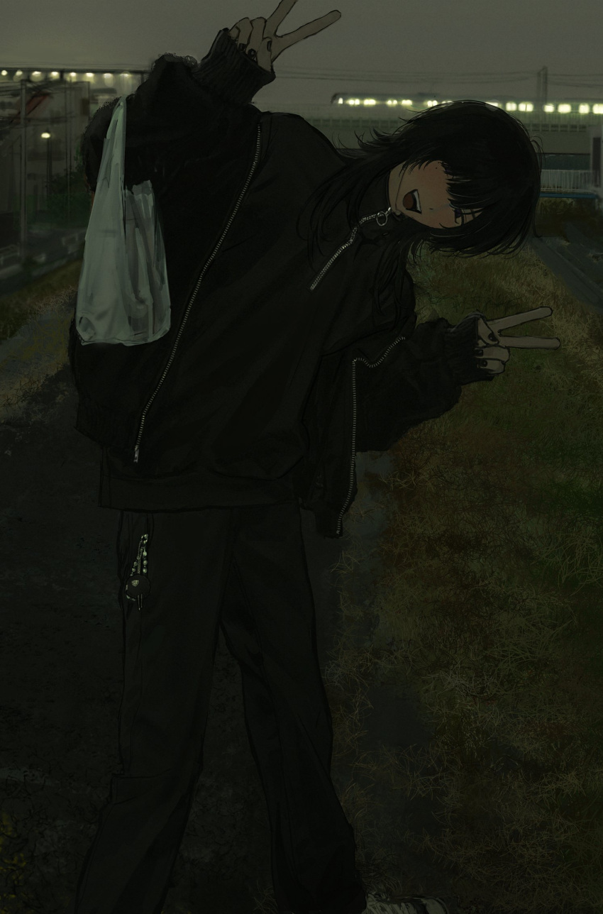 1boy bag black_eyes black_hair black_jacket black_nails black_pants black_shirt blush charm_(object) dark double_v feet_out_of_frame fingernails grass hair_over_one_eye head_tilt highres hirota_tsuu jacket leaning_to_the_side long_sleeves looking_at_viewer male_focus medium_hair night open_clothes open_jacket original outdoors pants plastic_bag shirt smile solo teeth tongue upper_teeth_only v zipper