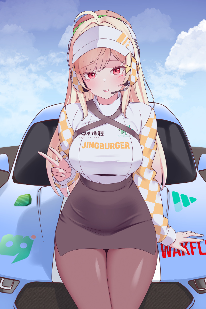 1girl absurdres ahoge blonde_hair blue_sky breasts brown_pantyhose brown_skirt car character_name checkered_clothes clothes_writing cloud criss-cross_straps decal hamburger_hat headset highres jingburger large_breasts long_hair long_sleeves looking_at_viewer miniskirt motor_vehicle nervous_smile pantyhose pencil_skirt raglan_sleeves red_eyes side_slit sitting sitting_on_car skirt sky smile solo sundance0218 sweatdrop sweater swept_bangs very_long_hair virtual_youtuber visor_cap waktaverse white_hat white_sweater yellow_sleeves