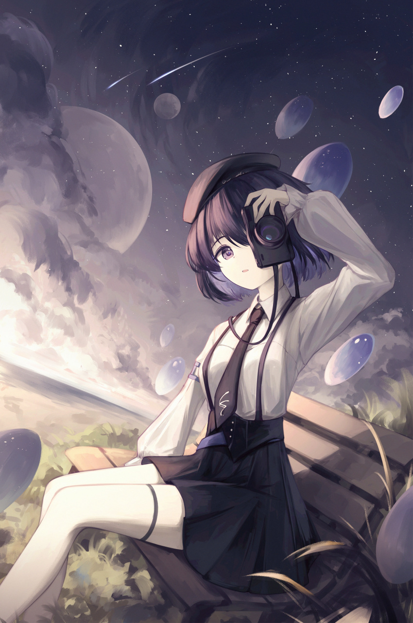 1girl absurdres bench benghuai_xueyuan beret black_hat black_necktie black_skirt camera cloud collared_shirt commentary_request darkworldsss feet_out_of_frame from_side full_moon hat high-waist_skirt highres holding holding_camera honkai_(series) horizon legs_together long_sleeves looking_at_viewer miniskirt moon necktie one_eye_covered park_bench parted_lips pleated_skirt purple_eyes purple_hair revision seele_vollerei shadow shirt shooting_star short_hair sitting skirt sky solo star_(sky) starry_sky suspender_skirt suspenders taking_picture thigh_strap thighs twilight white_shirt