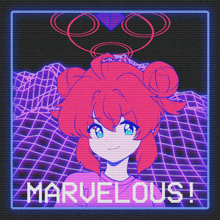 1girl ahoge blue_archive blue_eyes double_bun english_text hair_bun halo highres hrna maki_(blue_archive) pink_shirt red_hair shirt short_hair synthwave tagme