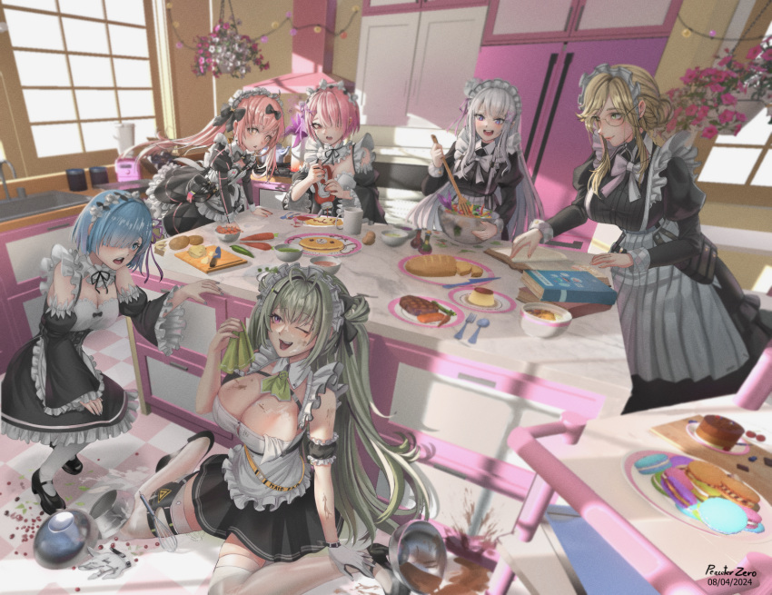 6+girls ade_(nikke) alternate_costume antenna_hair apron arm_support armlet blonde_hair blue_eyes blue_hair book book_stack bow bread breasts carrot chocolate cleavage cocoa_(nikke) counter detached_collar elf emilia_(re:zero) english_commentary enmaided flower food fork frilled_apron frills gloves goddess_of_victory:_nikke green_eyes green_hair hair_bow hair_ornament hair_over_one_eye hair_ribbon heart_antenna_hair highres indoors juliet_sleeves ketchup ketchup_bottle kitchen knife large_breasts long_hair long_sleeves macaron maid maid_apron maid_for_you_(nikke) maid_headdress mixing_bowl multiple_girls omelet omurice one_eye_closed open_book open_mouth pancake peaceterzero pink_eyes pink_hair pointy_ears potato puffy_sleeves purple_eyes purple_ribbon ram_(re:zero) re:zero_kara_hajimeru_isekai_seikatsu rem_(re:zero) ribbon roswaal_mansion_maid_uniform round_eyewear short_hair siblings sink sisters sitting soda_(nikke) spill spoon table tray twins waist_apron wariza white_apron white_gloves white_hair wide_sleeves window x_hair_ornament