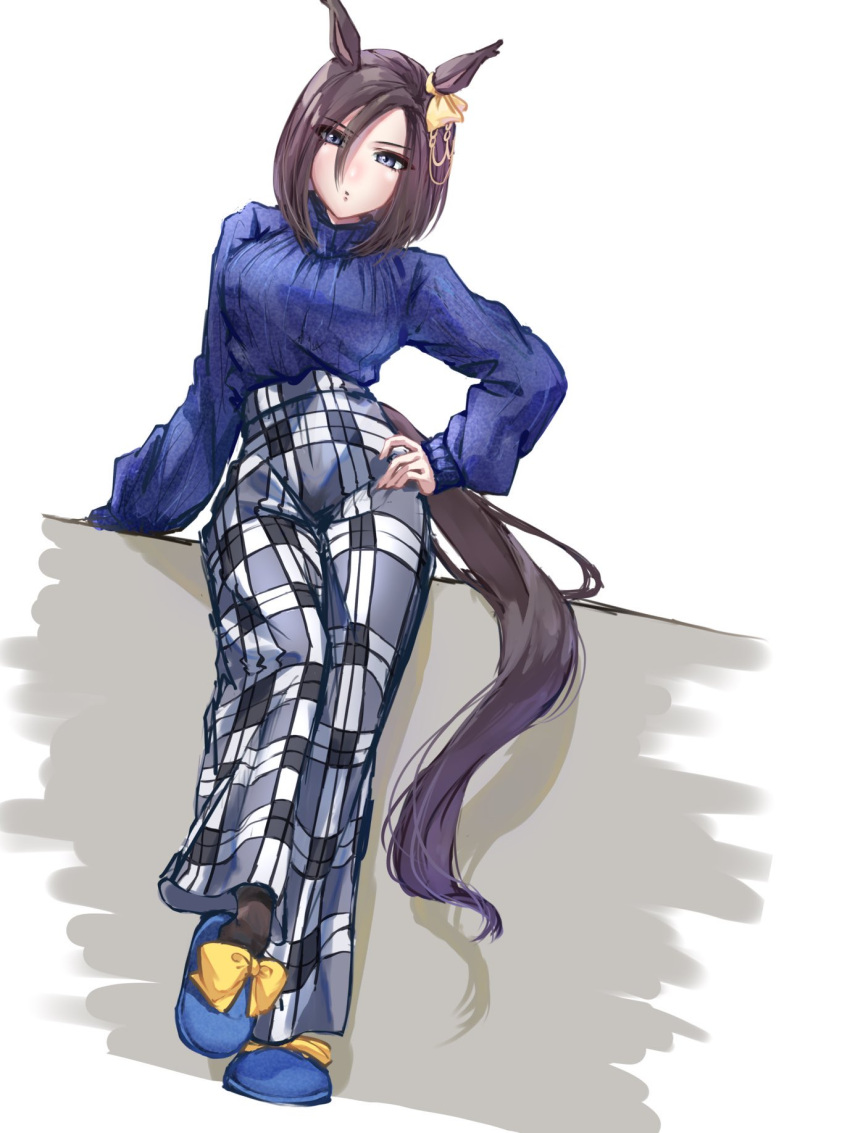 1girl :o air_groove_(umamusume) alternate_costume animal_ears asymmetrical_bangs black_pants black_socks blue_eyes blue_shirt breasts brown_hair ear_ornament full_body hand_on_own_hip highres horse_ears horse_girl horse_tail long_sleeves looking_at_viewer medium_breasts pants runa_(artemis_46) shirt shirt_tucked_in short_hair slippers socks solo standing tail umamusume white_background