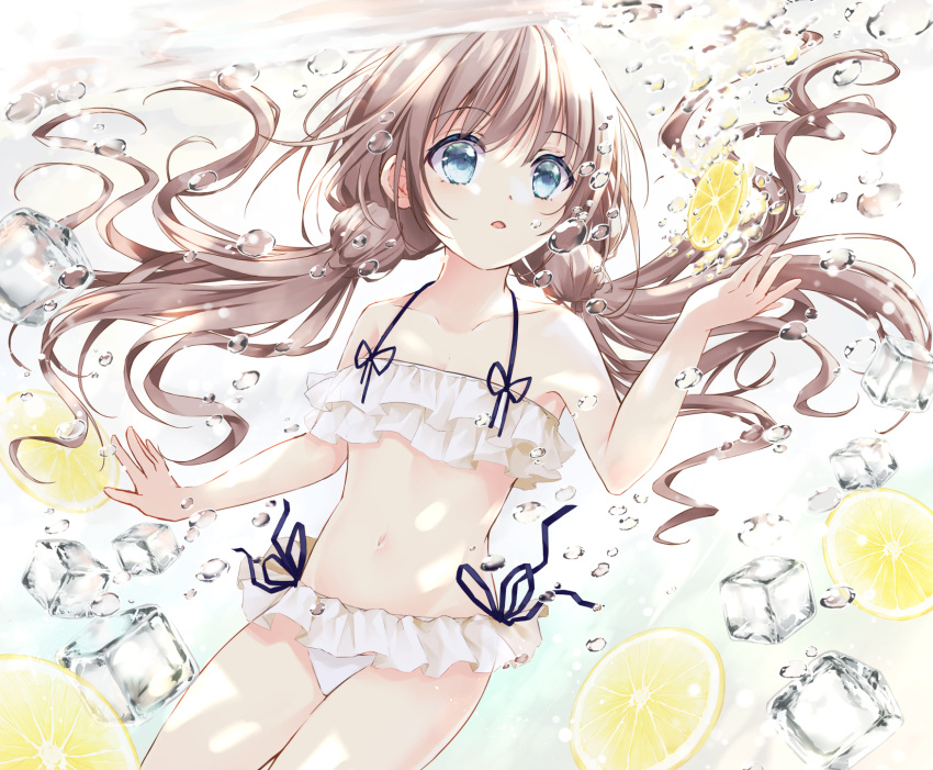 bikini brown_hair bubbles food fruit long_hair maya_(tirolpop) navel original swimsuit twintails underwater water