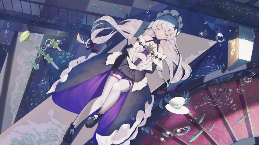 book bubbles dress drink gray_hair headband honkai_impact jliaan long_hair paper sleeping tagme_(character) thighhighs underwater water