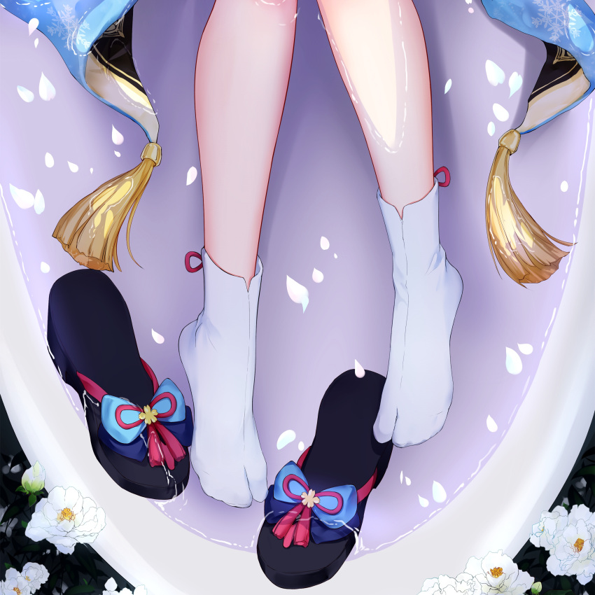 1girl absurdres bad_id bad_pixiv_id bathtub close-up cropped feet flower genshin_impact highres kamisato_ayaka lying no_shoes on_back partially_submerged petals shibanme_tekikumo shoes_removed socks solo tabi water