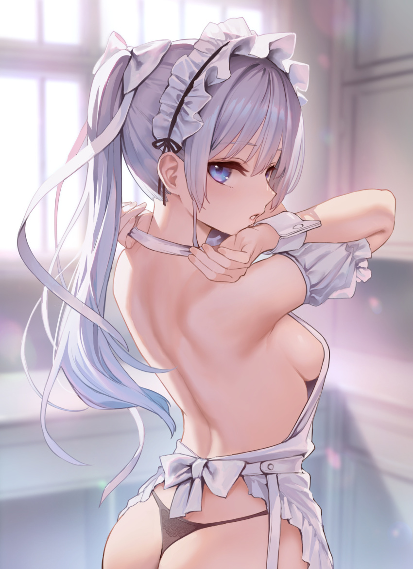 1girl apron ass black_panties blue_eyes blurry blurry_background breasts commentary detached_sleeves grey_hair highres indoors kitchen long_hair looking_at_viewer looking_back maid_apron maid_day maid_headdress medium_breasts michiking original panties parted_lips ponytail sideboob solo symbol-only_commentary thong underwear white_wrist_cuffs wrist_cuffs