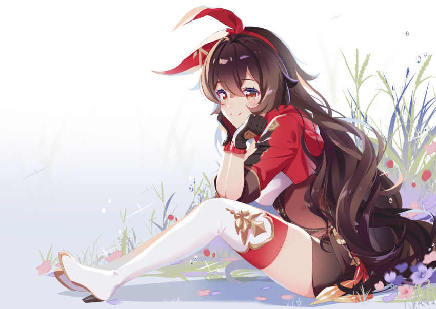 amber_(genshin_impact) brown_eyes brown_hair flowers genshin_impact gloves grass headband long_hair rimuu thighhighs