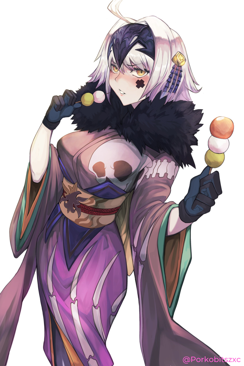 1girl absurdres ahoge bangs black_gloves breasts brown_sash dango face_painting fate/grand_order fate_(series) food fur_collar gloves hair_intakes hair_ornament headpiece highres japanese_clothes jeanne_d'arc_(alter)_(fate) jeanne_d'arc_(fate)_(all) kimono large_breasts long_sleeves looking_at_viewer obi porko purple_kimono sanshoku_dango sash short_hair silver_hair simple_background skeleton_print solo wagashi white_background wide_sleeves yellow_eyes