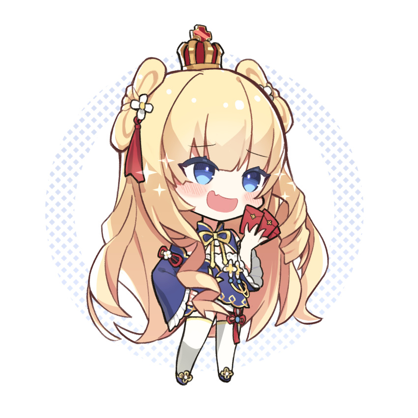 1girl akutaa azur_lane blonde_hair blue_dress blue_eyes chibi crown crown_hair_ornament dress highres long_hair queen_elizabeth_(azur_lane) queen_elizabeth_(crown_jewel_of_the_royal_navy)_(azur_lane) smug solo thighhighs