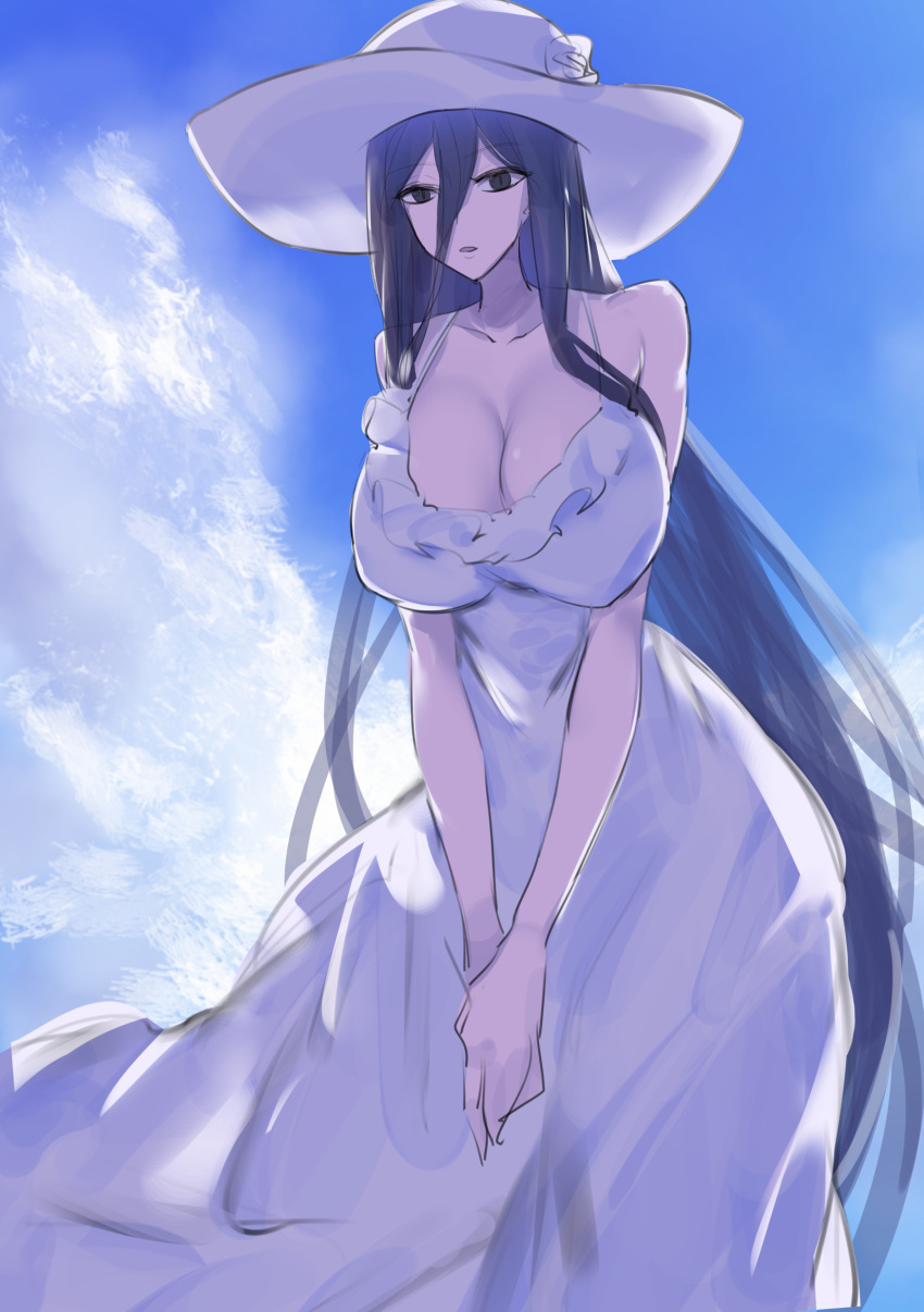 1girl 2ch absurdres bangs bare_arms bare_shoulders black_eyes black_hair blue_sky breasts cleavage cloud commentary dress eyebrows_visible_through_hair gunnjou_yosio hair_between_eyes hasshaku-sama hat highres huge_breasts long_hair looking_at_viewer sky sleeveless sleeveless_dress solo sun_hat v_arms very_long_hair white_dress white_headwear