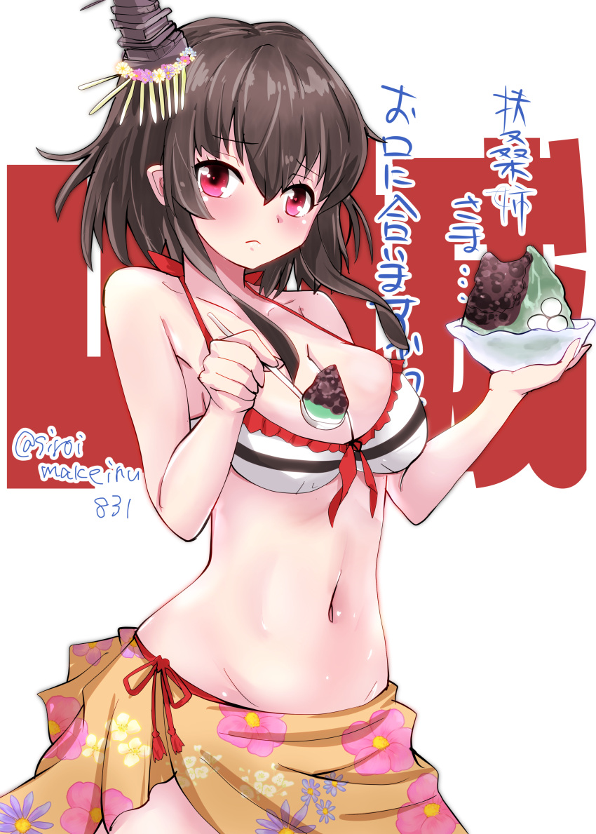 absurdres bare_shoulders bikini black_hair blush bowl breasts cleavage collarbone commentary_request eyebrows_visible_through_hair food hair_between_eyes hair_ornament highres holding holding_bowl holding_spoon kantai_collection kitahama_(siroimakeinu831) light_frown medium_breasts midriff navel official_alternate_costume orange_sarong red_eyes sarong short_hair simple_background spoon swimsuit translation_request twitter_username white_background white_bikini yamashiro_(kancolle)