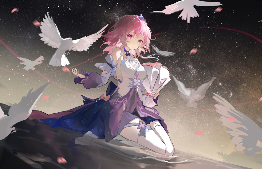 absurdres bare_shoulders bird black_sky bouquet detached_sleeves dress falling_petals floating_hair from_side full_body halter_dress halterneck highres holding holding_bouquet honkai:_star_rail honkai_(series) hutaoyingying65626 looking_at_viewer march_7th_(honkai:_star_rail) medium_hair night night_sky petals pink_eyes pink_hair seiza sitting sky smile star_(sky) starry_sky thighhighs tiara white_bird white_dress white_thighhighs