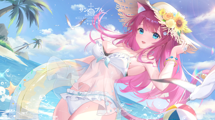 animal animal_ears aqua_eyes ball bikini bird catgirl clouds fang flowers hat original purple_hair see_through sky somna sunflower swim_ring swimsuit tail tree water watermark wristwear