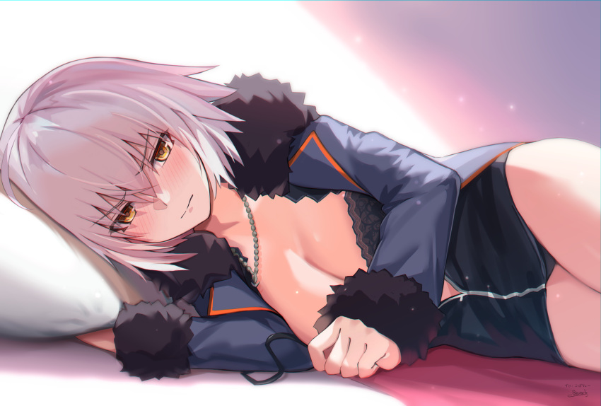 bed bee_doushi bra breasts cleavage fate/grand_order fate_(series) gray_hair jeanne_d'arc_(fate) jeanne_d'arc_alter necklace panties underwear yellow_eyes