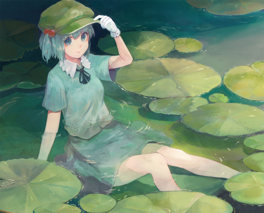 1girl :p adjusting_clothes adjusting_headwear arm_up bangs black_ribbon blue_eyes blue_shirt blue_skirt collared_shirt feet_out_of_frame flat_cap frilled_shirt_collar frills gloves green_headwear hair_bobbles hair_ornament hand_on_headwear hat kawashiro_nitori knee_up light_blue_hair lily_pad looking_at_viewer matumasima outstretched_arm partially_submerged ribbon ripples shiny shiny_hair shirt short_hair short_sleeves short_twintails sidelocks sitting skirt skirt_set smile solo tongue tongue_out touhou twintails two_side_up water white_gloves