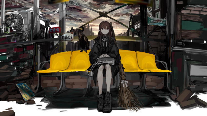 aliasing animal bird boots brown_hair building city clouds long_hair naruwe original pink_eyes sky witch