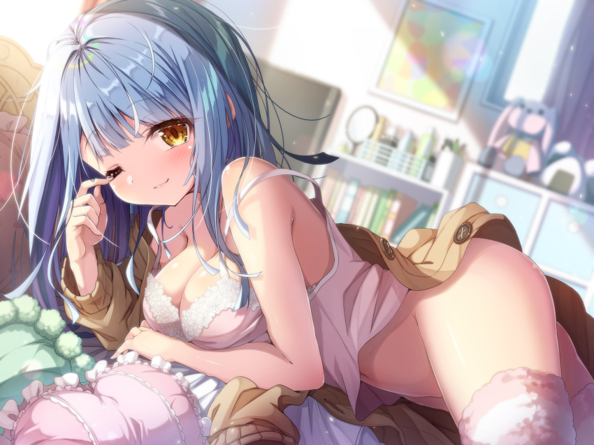 bed blue_hair blush breast_hold breasts cat_smile cleavage matokechi nopan open_shirt original thighhighs wink yellow_eyes