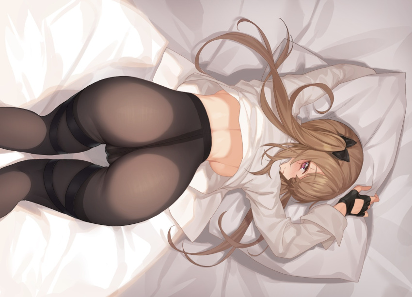 anthropomorphism ass bed blush breasts brown_hair cameltoe girls_frontline gloves long_hair mokew no_bra pantyhose red_eyes shirt shirt_lift sideboob twintails ump-9_(girls_frontline)