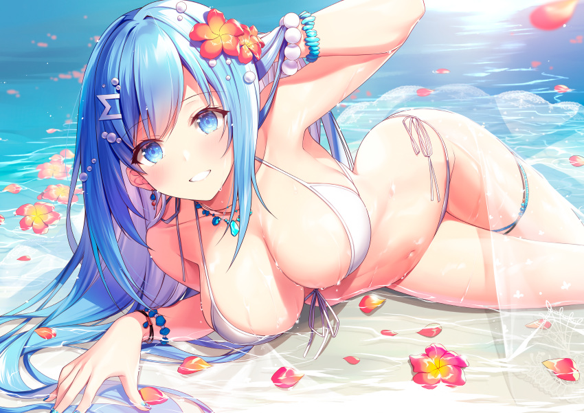 bikini blue_eyes blue_hair emori_miku emori_miku_project flowers kagachi_saku long_hair navel necklace swimsuit water