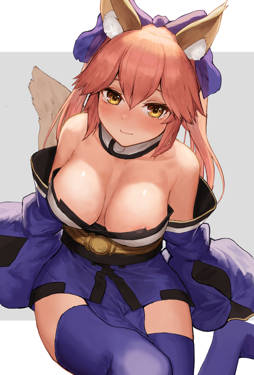 animal_ears areola fate/grand_order hoshibudou japanese_clothes kitsune no_bra tail tamamo_no_mae thighhighs