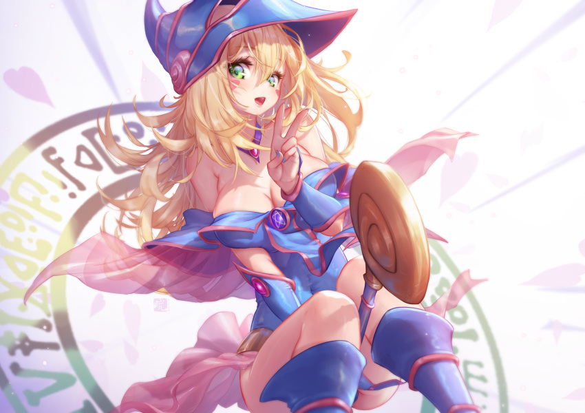 blonde_hair blush dark_magician_girl green_eyes long_hair magic mitsu_(mitsu_art) watermark witch yu-gi-oh