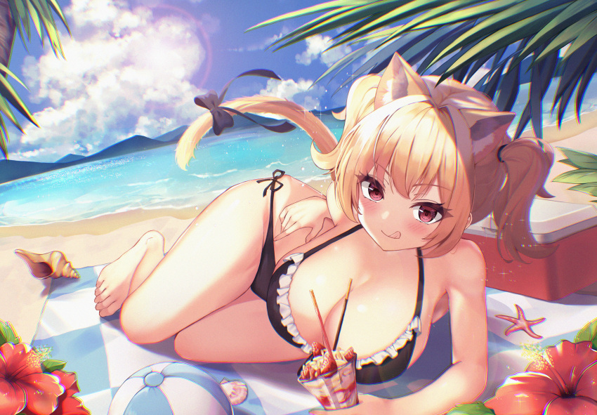 animal_ears ball barefoot beach bikini bitseon blush bow breasts catgirl cleavage clouds flowers food fruit ice_cream long_hair original purple_eyes sky strawberry swimsuit tail twintails water